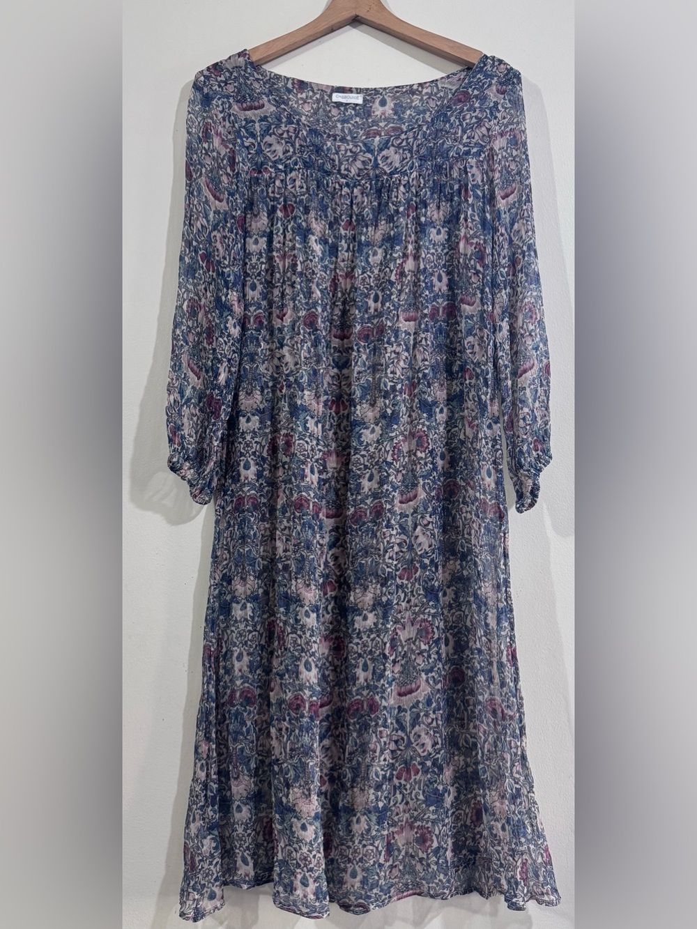 Chaboukie Relaxed Blue Floral Maxi Dress with Three-Quarter Sleeves